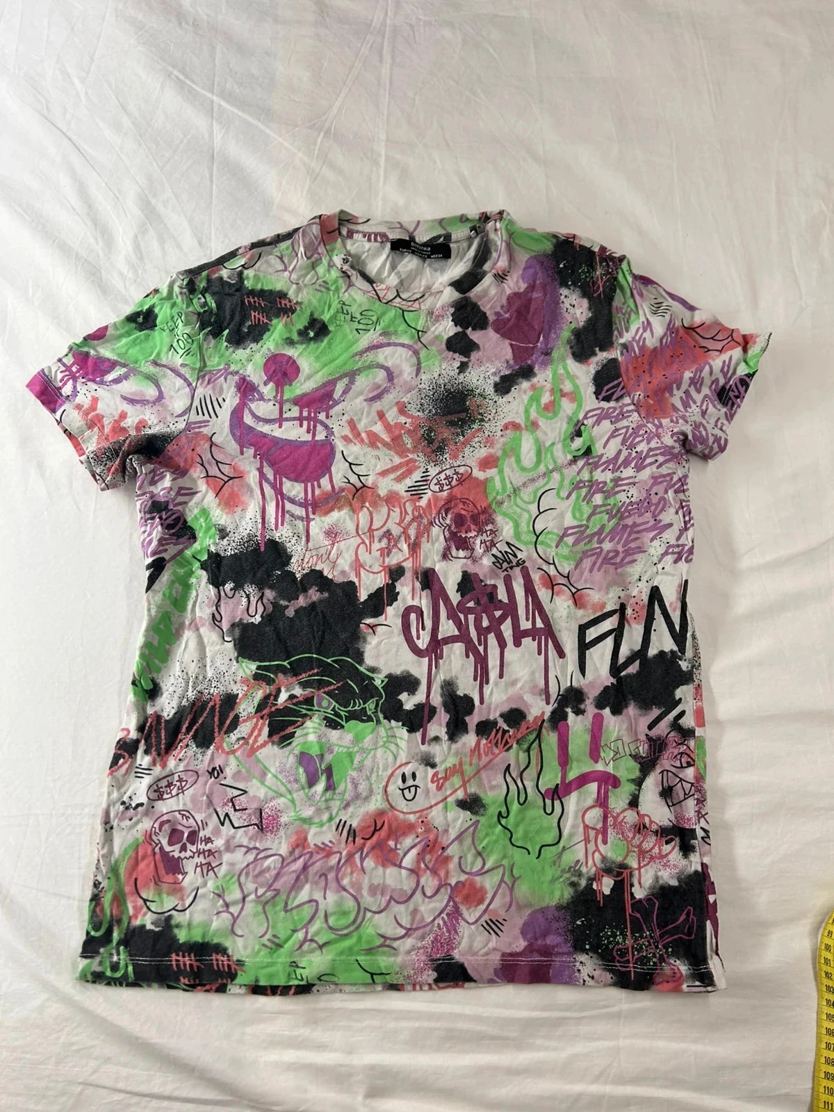 T-shirt à motifs vintage blanc violet vert bershka